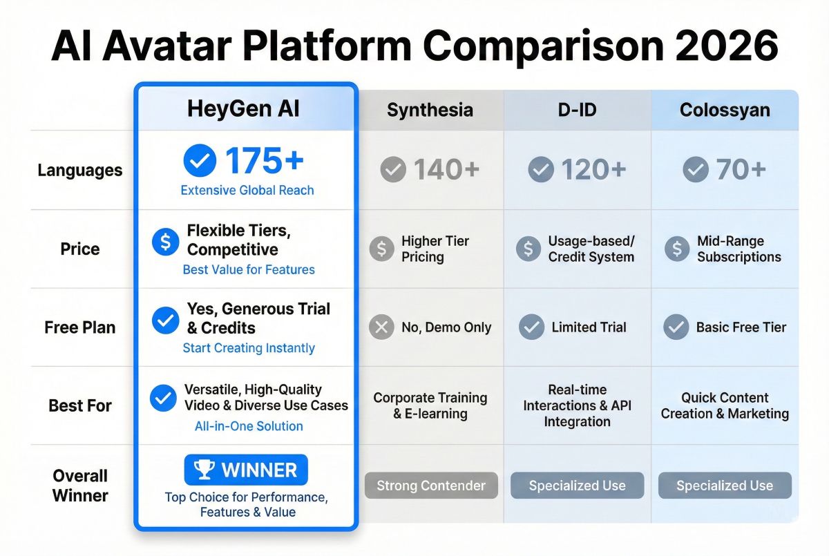 Comparison chart showing HeyGen AI vs Synthesia vs D-ID vs Colossyan AI avatar platforms