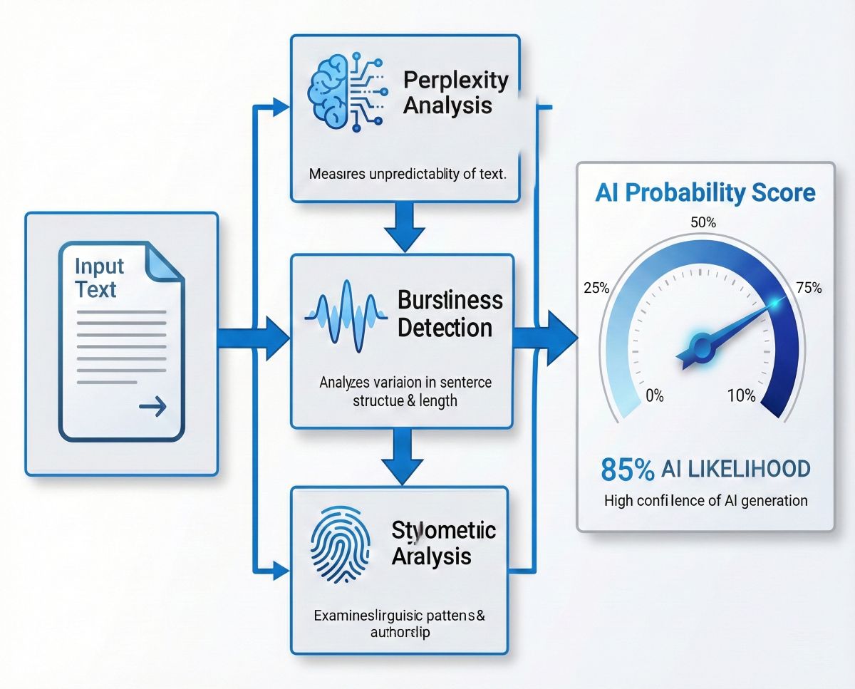 Diagram showing how AI detectors analyze text using perplexity, burstiness, and stylometric analysis to identify AI-generated content