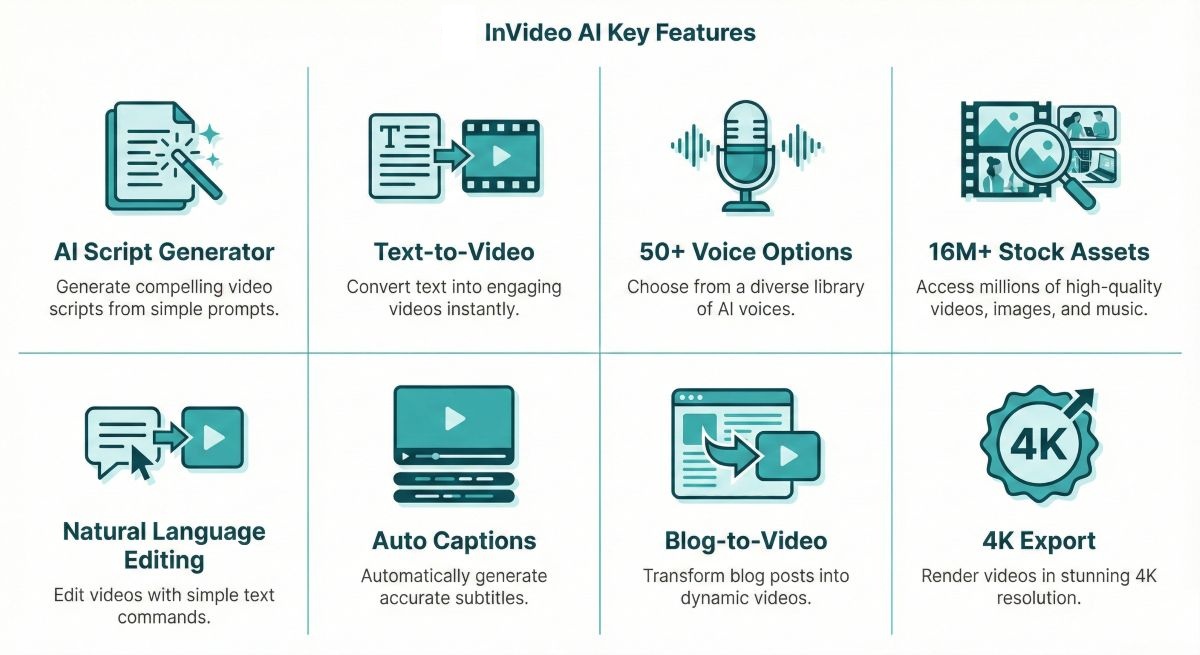 InVideo AI features overview showing AI script generation, voice options, stock library, and command-based editing