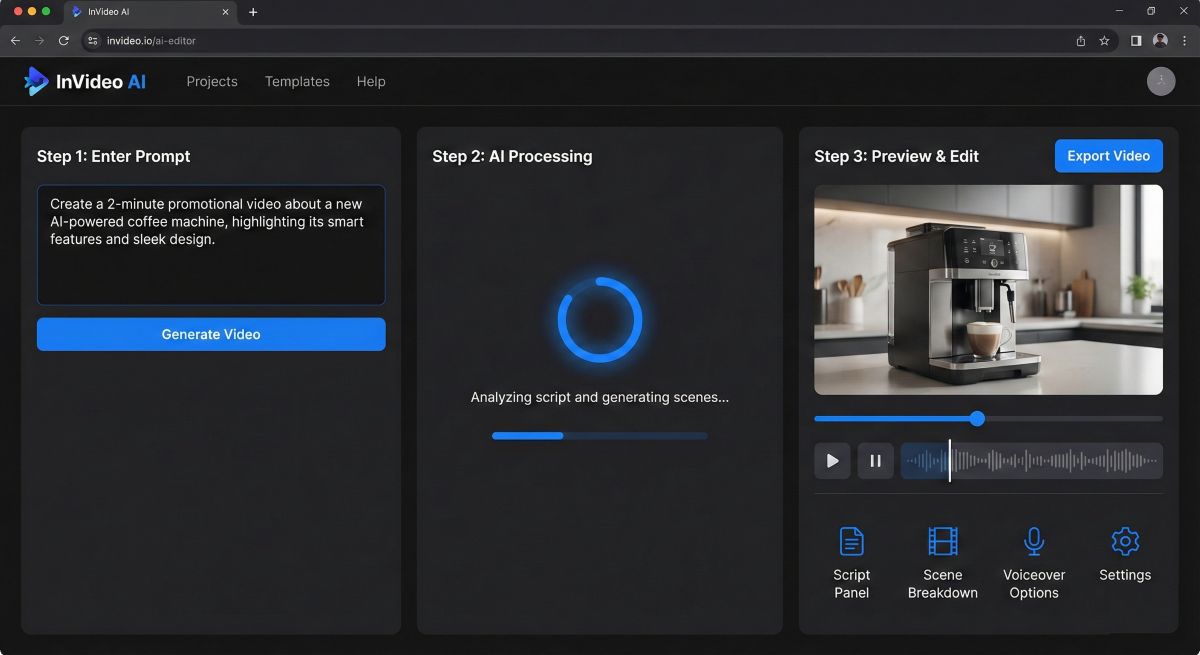InVideo AI interface showing text-to-video workflow with script input, AI processing, and video preview