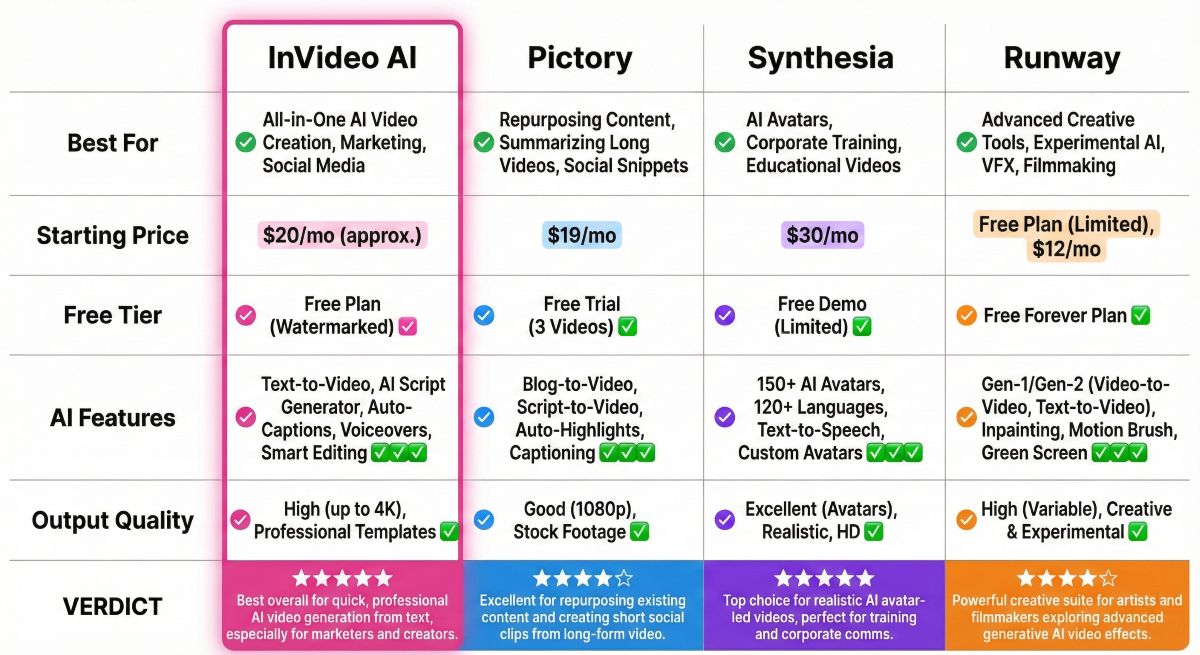 InVideo AI compared to Pictory, Synthesia, and Runway showing features, pricing, and ratings