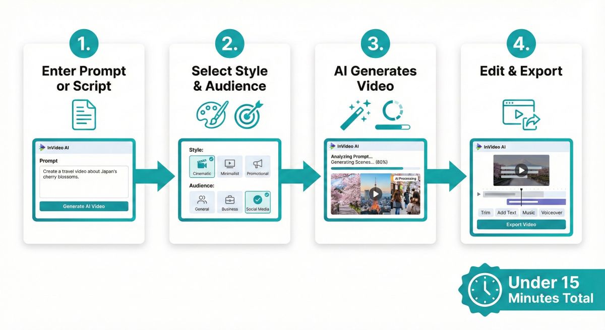 InVideo AI tutorial showing 4-step workflow from text prompt to finished video export
