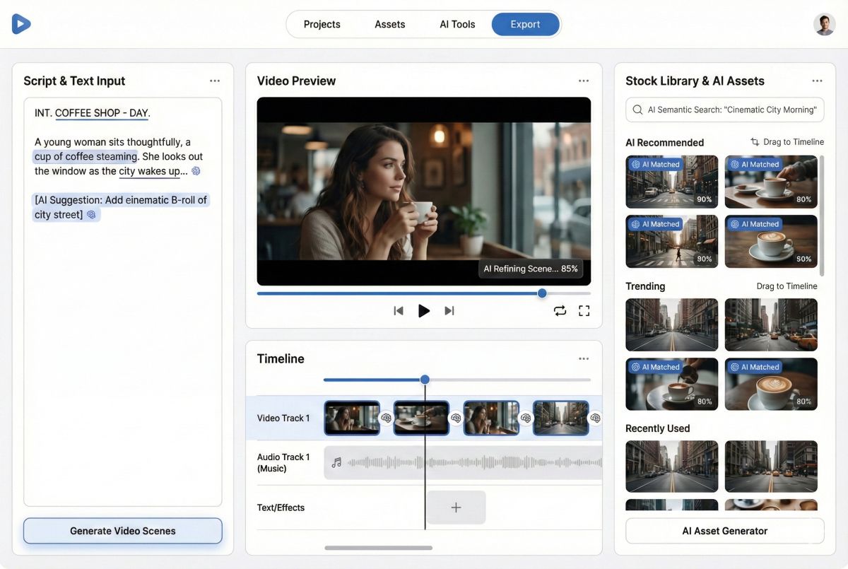 Pictory AI dashboard showing script-to-video workflow and editing tools