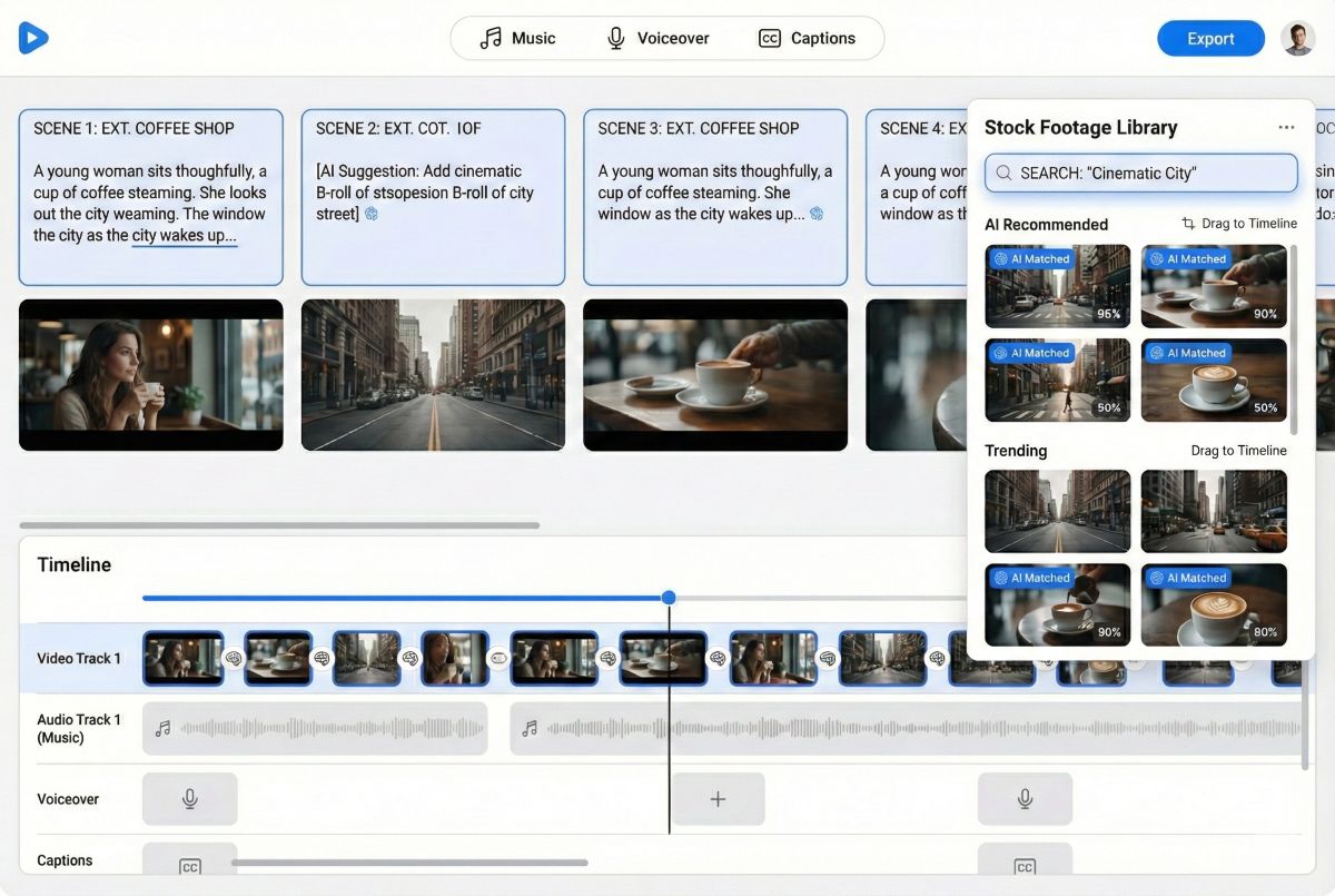 Pictory AI video editor showing scene-by-scene customization options