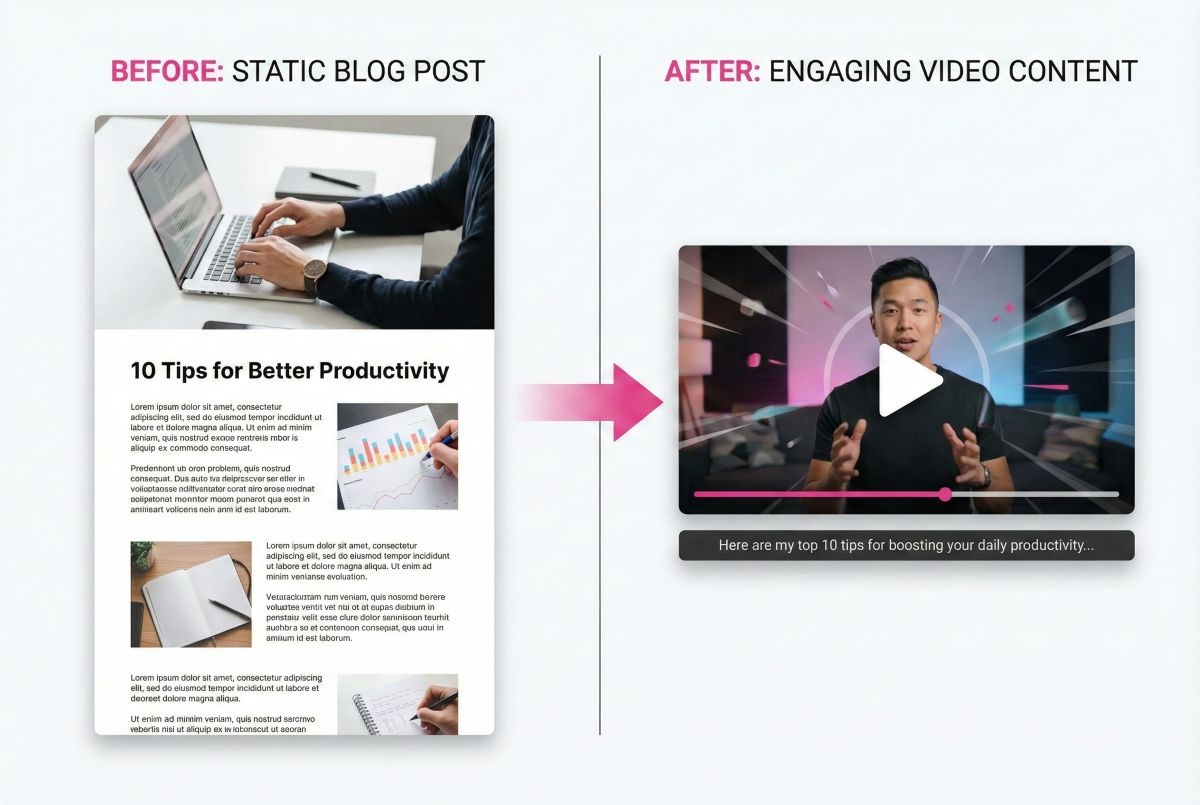 Example of Pictory AI video output showing before and after blog-to-video conversion