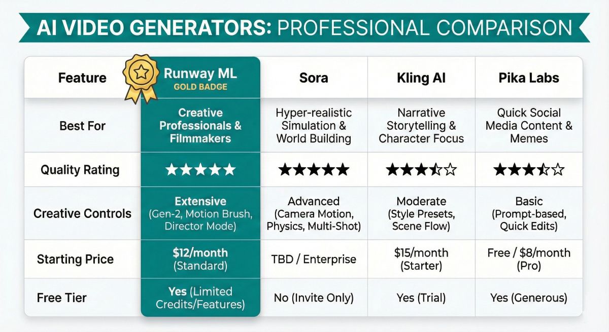 Visual comparison of Runway ML versus Sora, Kling AI, and Pika Labs features and pricing