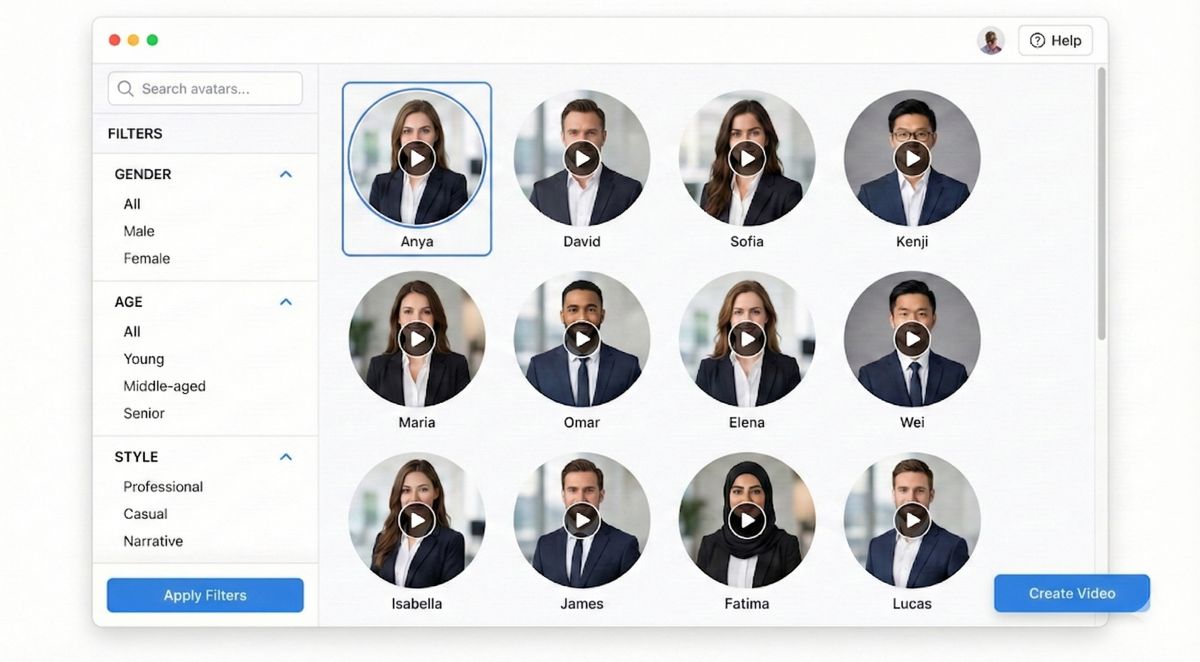 Synthesia avatar selection interface displaying 160+ diverse AI presenters for video creation