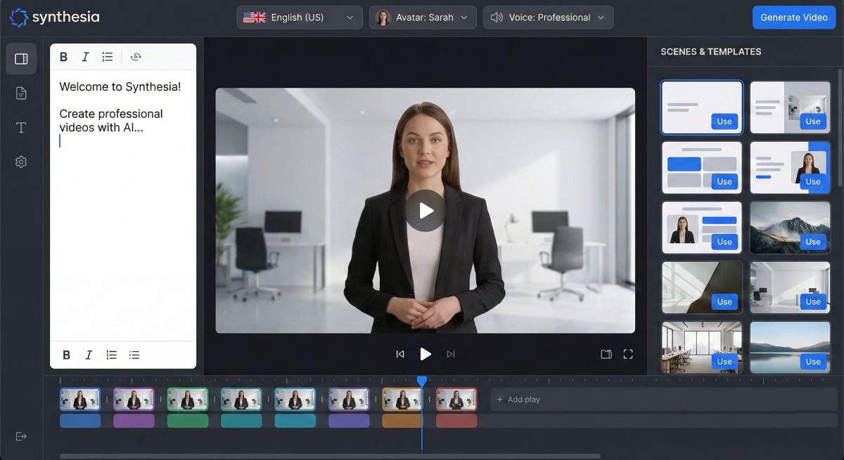 Synthesia AI video editor interface showing script input, avatar preview, and multilingual language options