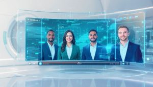 Synthesia AI video generator review showing multiple AI avatars creating professional corporate training videos with multilingual support