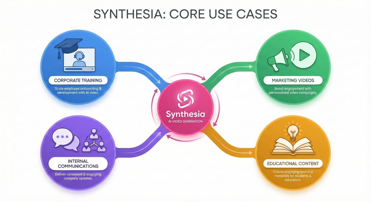 Synthesia use cases infographic showing corporate training, marketing videos, internal communications, and educational content applications