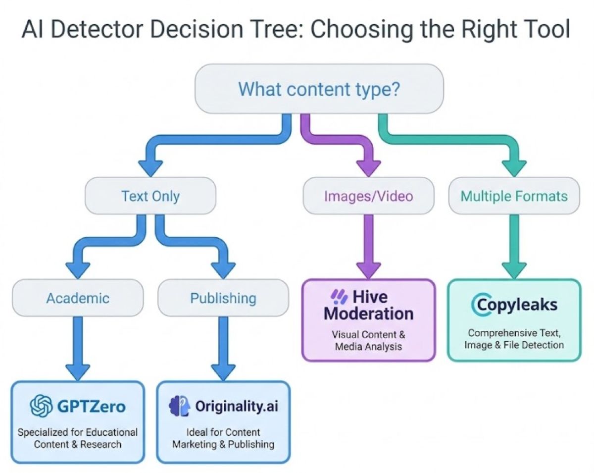 Decision flowchart helping users choose the right AI detector: GPTZero for academics, Originality.ai for publishers, Hive for images