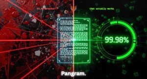 Pangram AI detection dashboard showing 99.98% accuracy score with AI content analysis interface and verification system