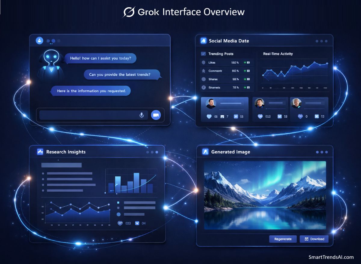 Grok AI 2026 interface showing chat, DeepSearch, Grok Imagine, and real-time X data integration side by side
