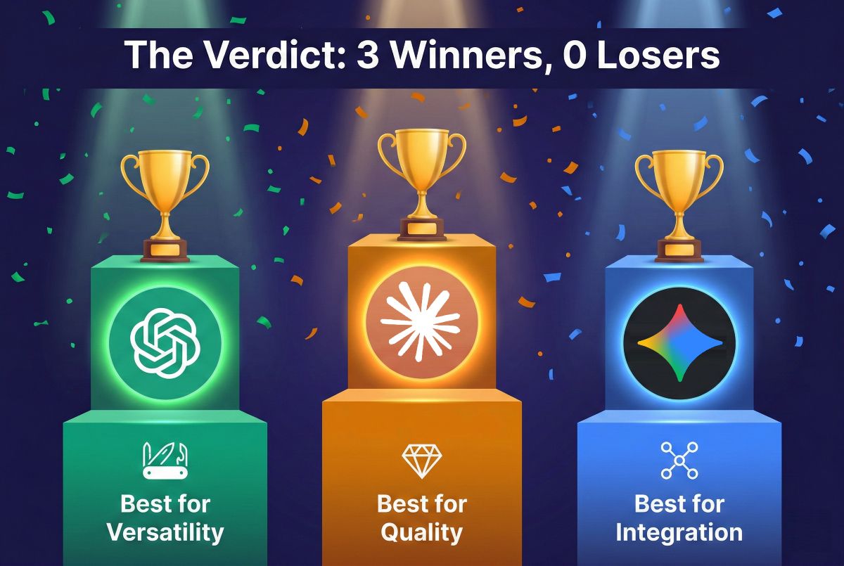 Verdict graphic showing ChatGPT best for versatility, Claude best for quality, and Gemini best for integration in 2026
