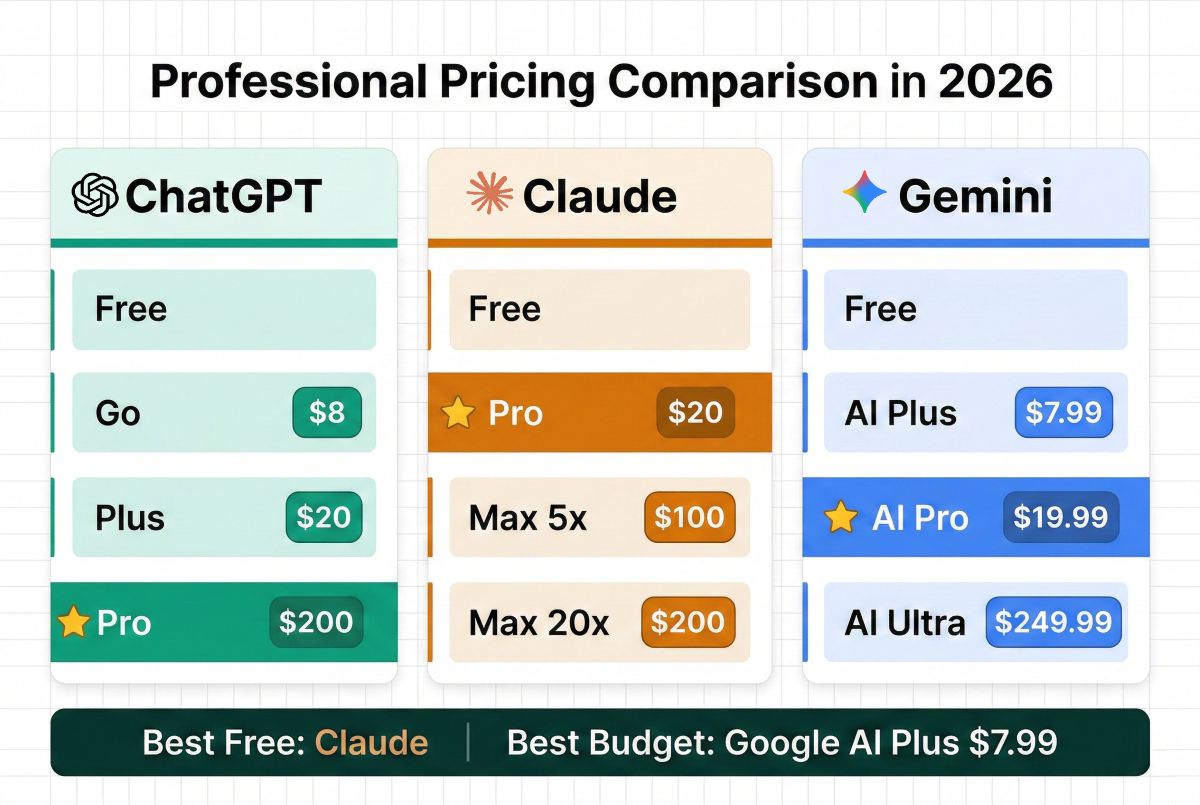 Pricing comparison chart for ChatGPT, Claude, and Gemini showing free and paid tiers in 2026