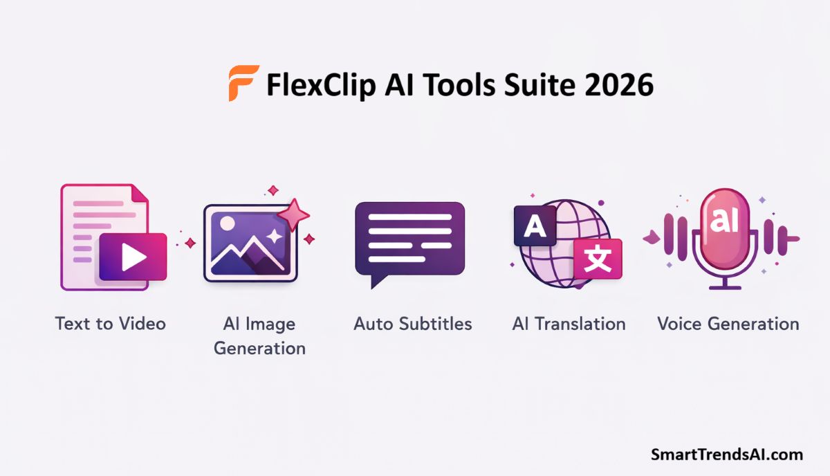FlexClip AI tools panel showing text-to-video, AI image generator, and auto subtitle features