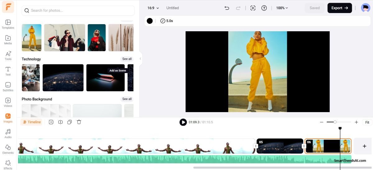 FlexClip editor interface showing timeline, media library, and template panel