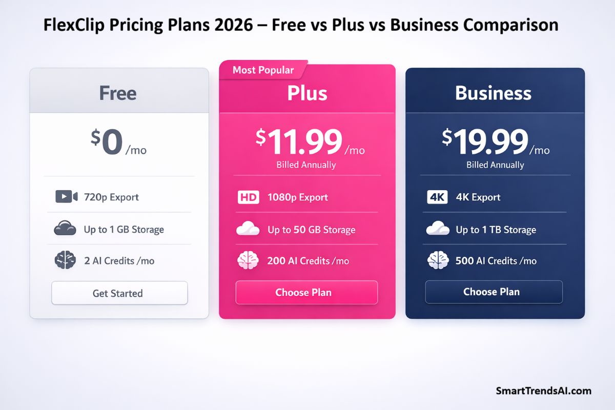 FlexClip pricing plans comparison showing Free, Plus, and Business tiers