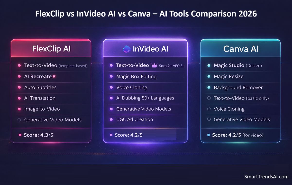 FlexClip vs InVideo AI vs Canva AI tools comparison showing InVideo AI as the winner with Sora 2, VEO 3.1, and Magic Box features