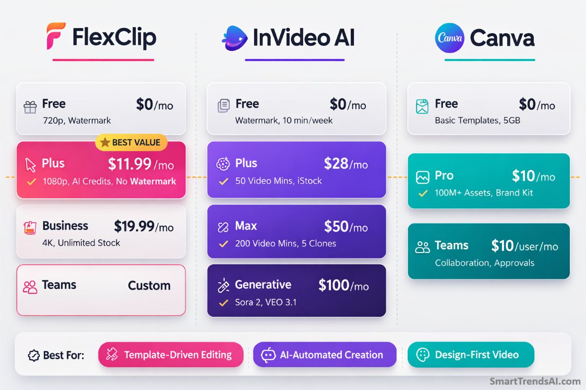 FlexClip vs InVideo AI vs Canva pricing comparison showing all plans from free to $100/mo with FlexClip Plus as best value
