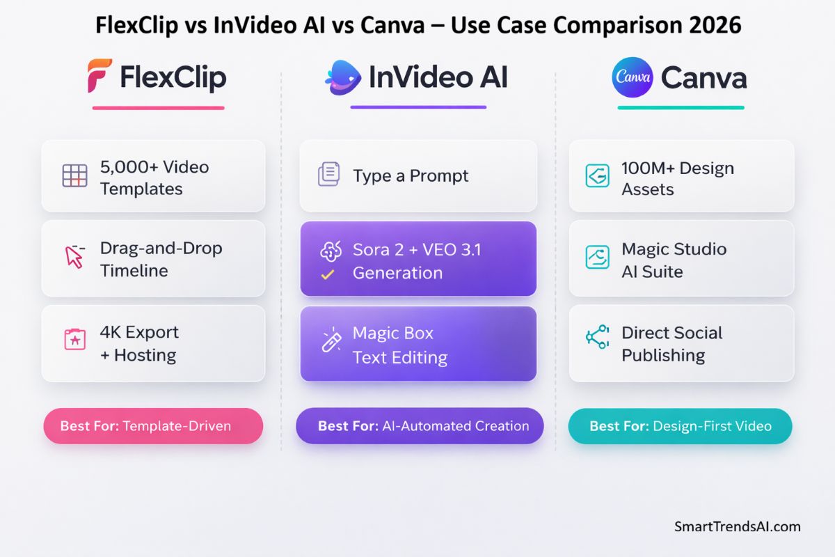 FlexClip vs InVideo AI vs Canva comparison showing which tool wins for templates, AI generation, and design-first video workflows