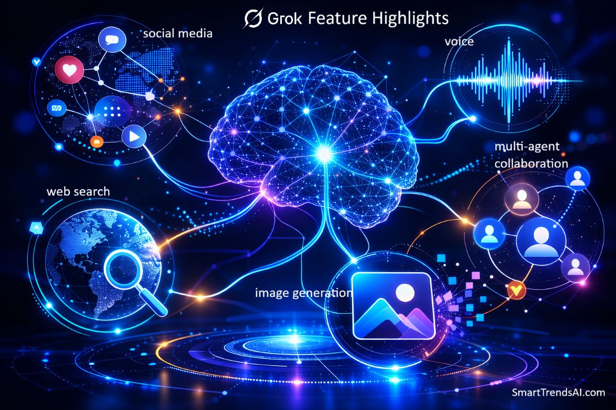 Grok AI 2026 key features including DeepSearch, real-time X integration, multi-agent collaboration system, and Grok Imagine