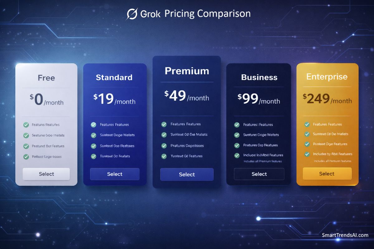 Grok AI pricing comparison showing Free, SuperGrok, SuperGrok Heavy, Business, and Enterprise plan tiers in 2026