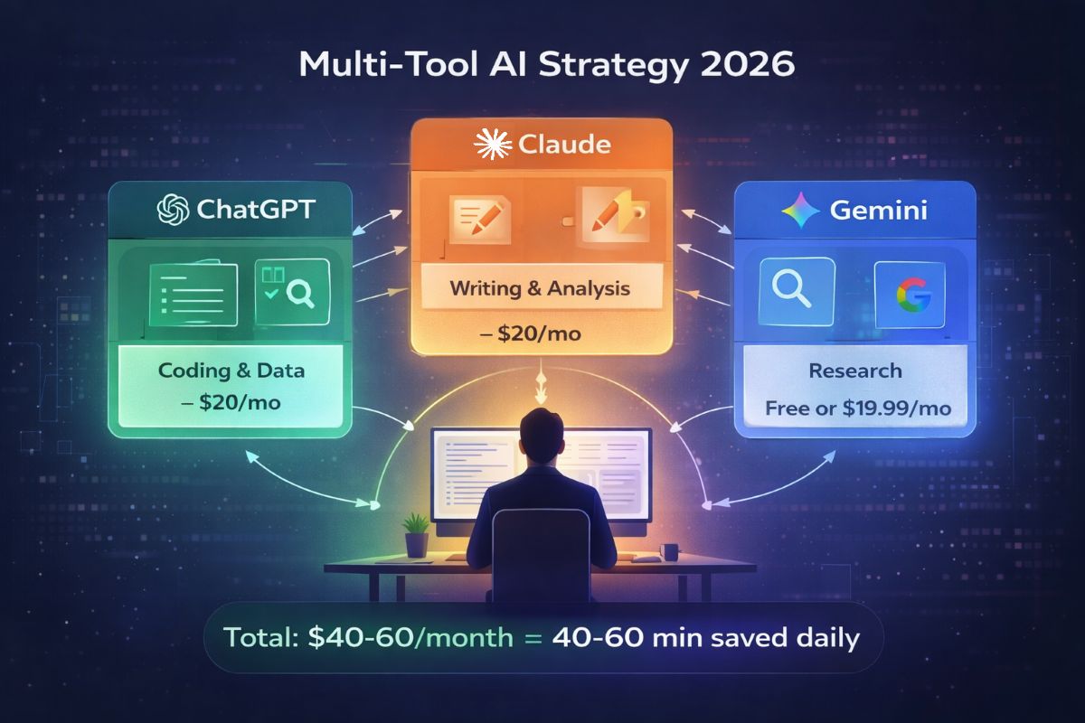 Multi-tool AI strategy diagram showing ChatGPT for coding and data, Claude for writing and analysis, and Gemini for research in 2026